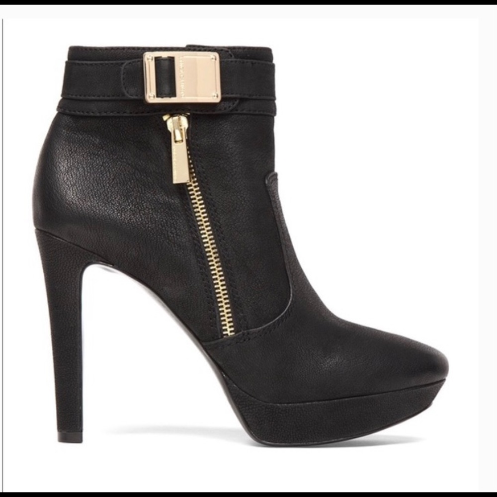 Vince Camuto Black Nubuck Leather Ankle Boots Size 10 Gold Accents.